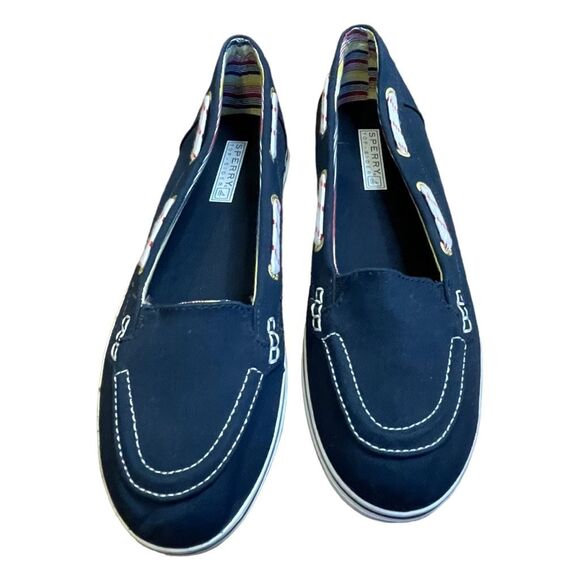Sperry Topsiders Canvas Boat Shoes Flat Loafers Navy Blue Slip-On 9 - Picture 2 of 9